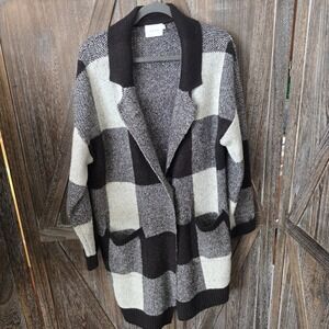 Lush Sweater Women's‎ Size Large Black White Plaid Jacket Cardigan Long Collared